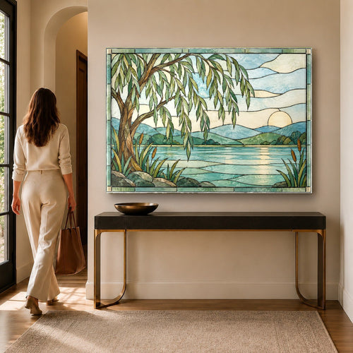 Tree Stained Glass Wall Art displayed above a modern beige sofa in a contemporary living room