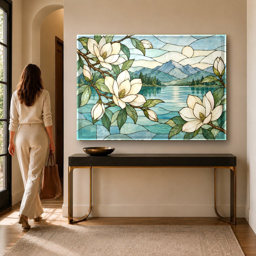Close up view of Magnolia Stained Glass Wall Art showing vibrant floral botanical colors