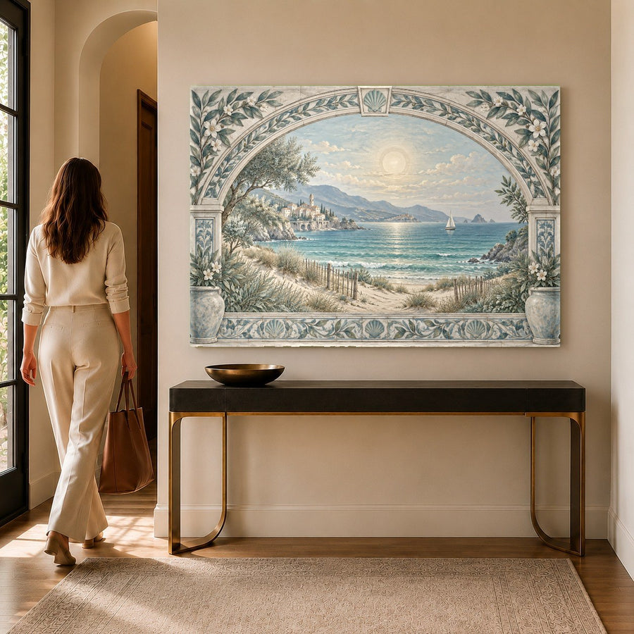 Close-up of Coastal Archway tempered glass print showing the detailed texture of the archway and blue ocean.