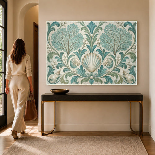 Coral Pearl glass art hanging above a plush beige sofa in a modern coastal living room.