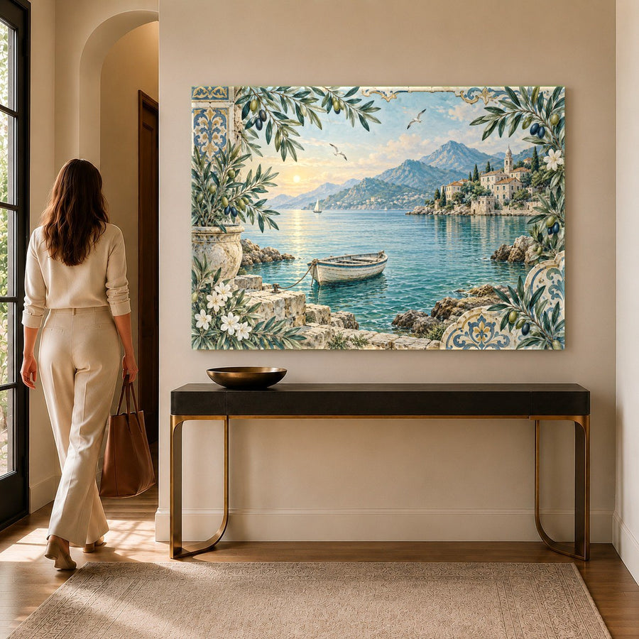 Close-up of a coastal glass wall art featuring a wooden boat, mounted on a white paneled bedroom wall.