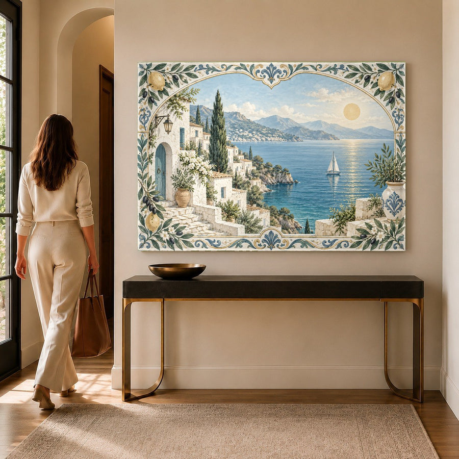 Italian villa tempered glass print displayed in a luxury dining room with warm lighting