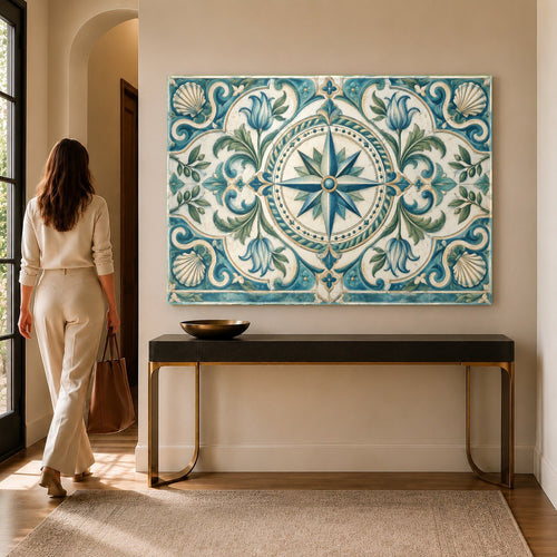 Compass Rose glass wall art hanging in a modern coastal living room above a sofa