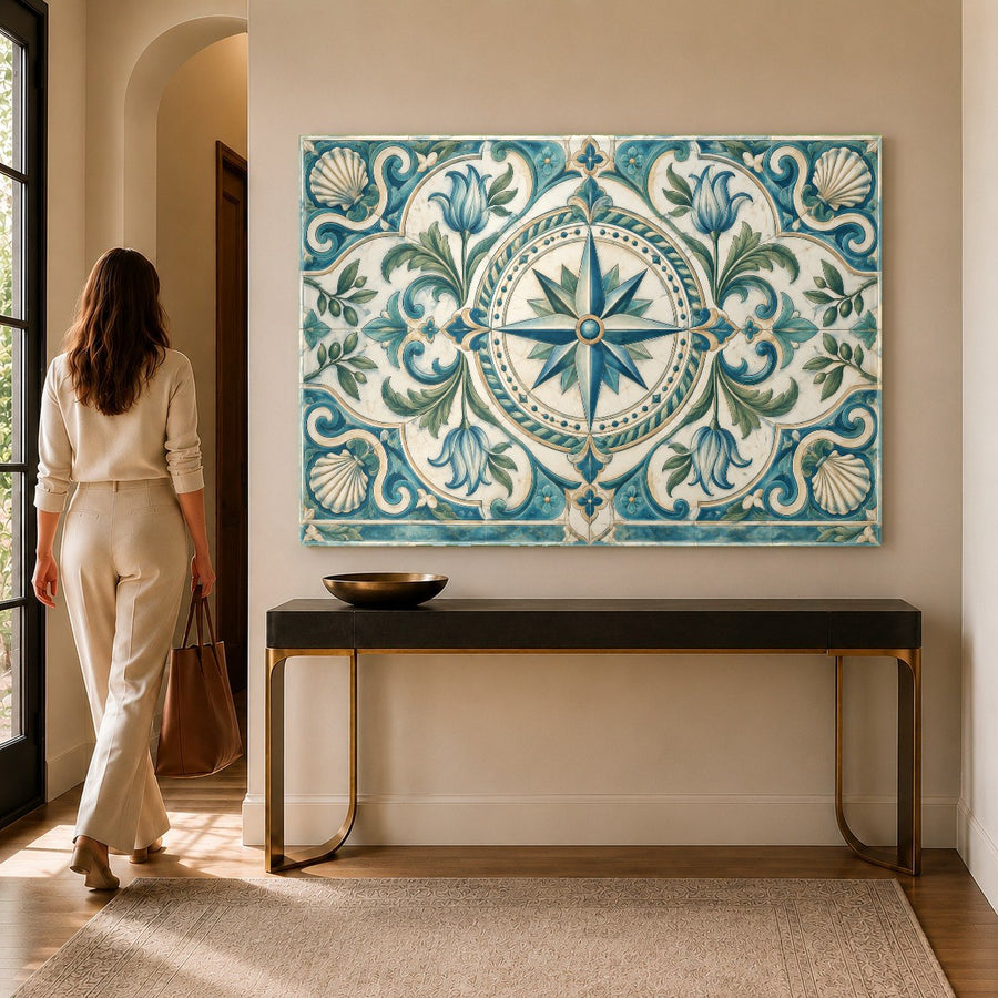 Close-up detail of nautical compass rose tempered glass print showing rich colors