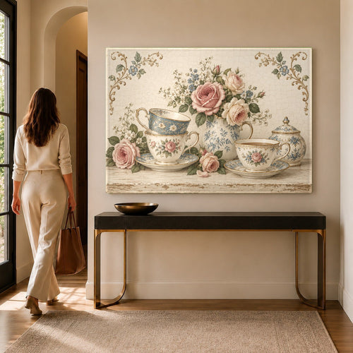 Rose Teacups Glass Wall Art hanging in a cozy breakfast nook with morning sunlight