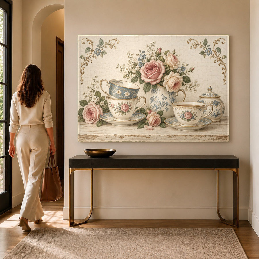 Botanical floral tempered glass print displayed above a rustic wooden dining table