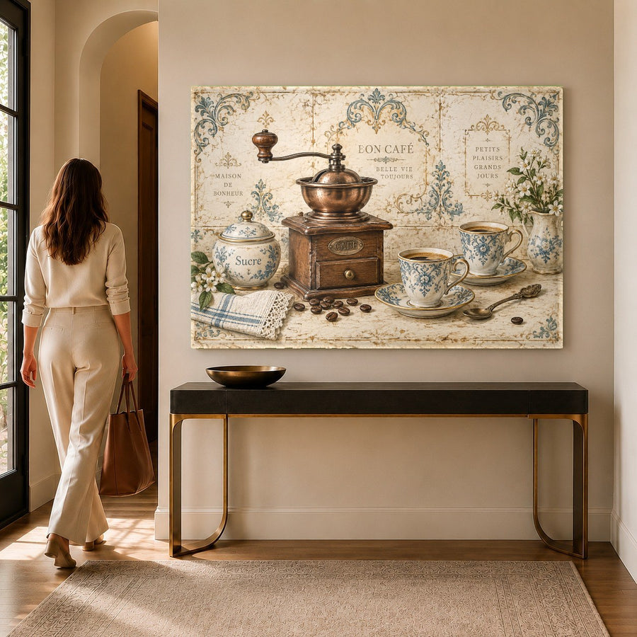 Antique coffee mill tempered glass print styled in a chic commercial café near a classic espresso machine.