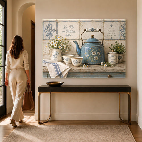 Daisy Kettle Glass Wall Art hanging in a bright country kitchen above a rustic wooden table