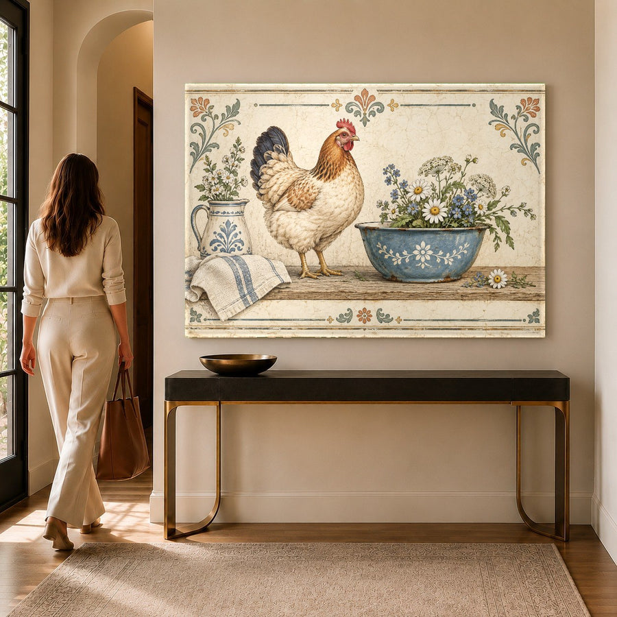 Close-up detail of the Farmhouse Hen Glass Wall Art showing high-gloss tempered glass finish