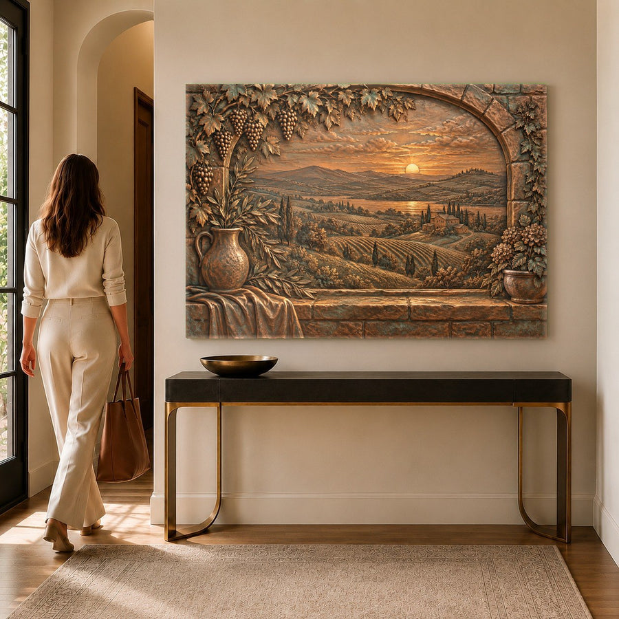 Architectural tempered glass print of a rustic Italian archway styled in a luxury dining room