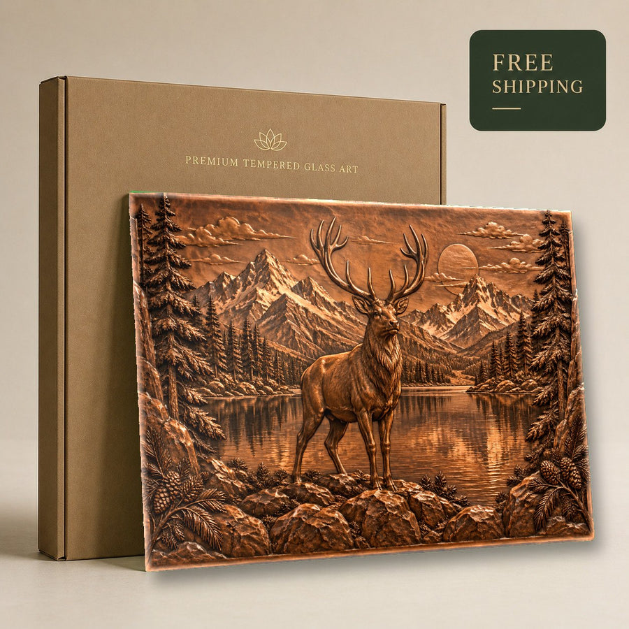 Close-up of Copper Stag Glass Wall Art showing metallic copper tones and high-gloss finish