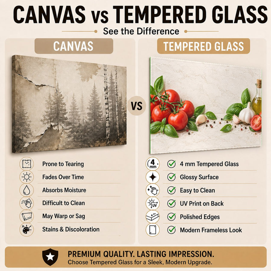 Culinary glass art mounted on a warm grey wall in a contemporary apartment kitchen