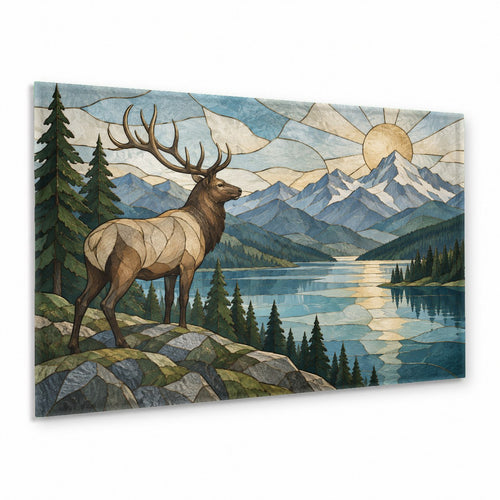 Large horizontal Elk River wildlife glass print displayed over a stone fireplace mantel in a lodge