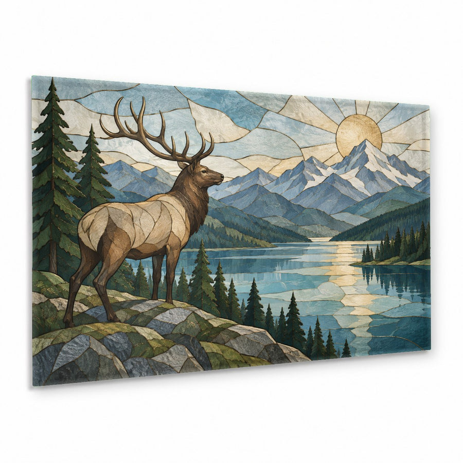 Large horizontal Elk River wildlife glass print displayed over a stone fireplace mantel in a lodge