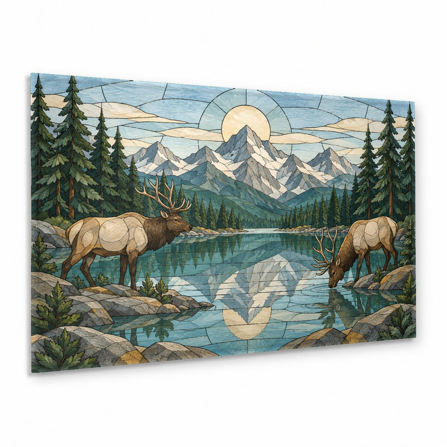 Deer and wilderness landscape tempered glass panel mounted above a dark green leather sofa in an executive office.