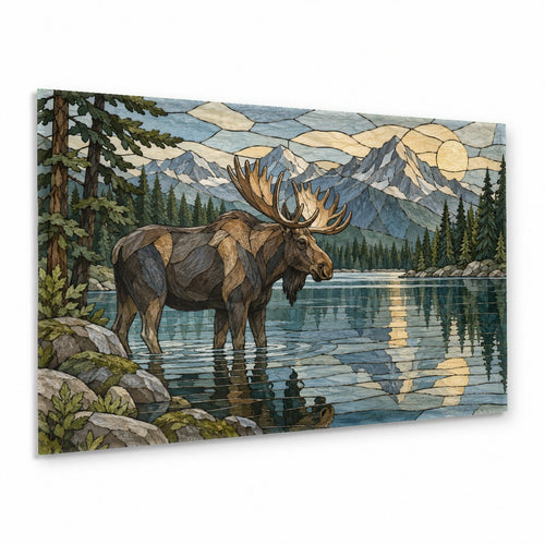 Large elk landscape glass art displayed in a modern mountain lodge dining room