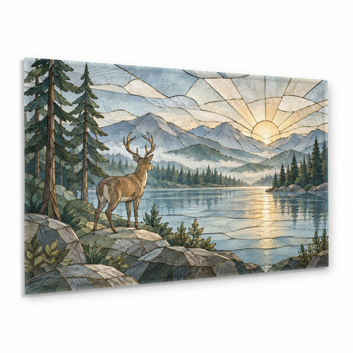 Close-up of the vibrant orange sunset and deer silhouettes on high-gloss glass wall decor.