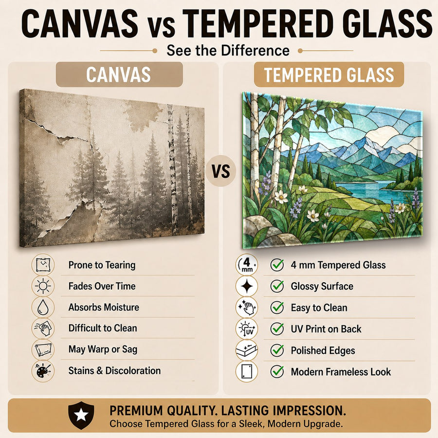 Stained glass nature wall decor mounted in an upscale home office setting with natural lighting