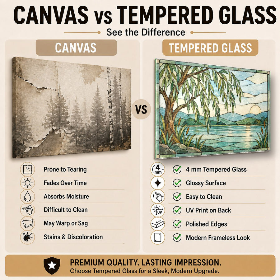 Stained glass style nature wall art mounted in a luxurious upscale hotel lobby interior