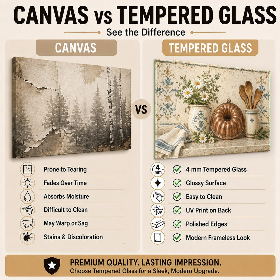 Tempered glass kitchen wall art displayed in a cozy rustic dining room setting