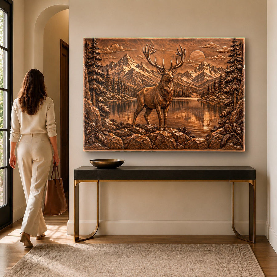 Majestic wildlife tempered glass print mounted in a cozy executive home office