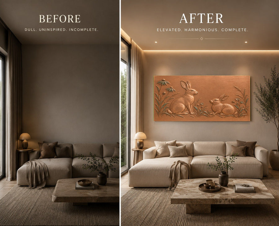 Meadow Hares glass wall print styled in a cozy countryside home dining room with warm lighting