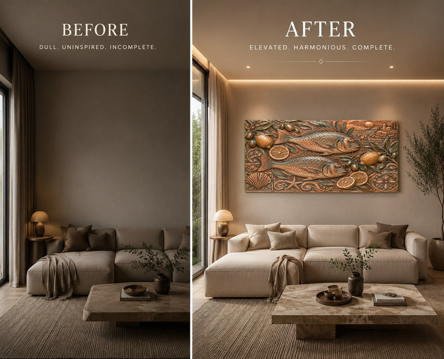Blue coastal artwork on glass featured in a luxury seaside apartment master bedroom