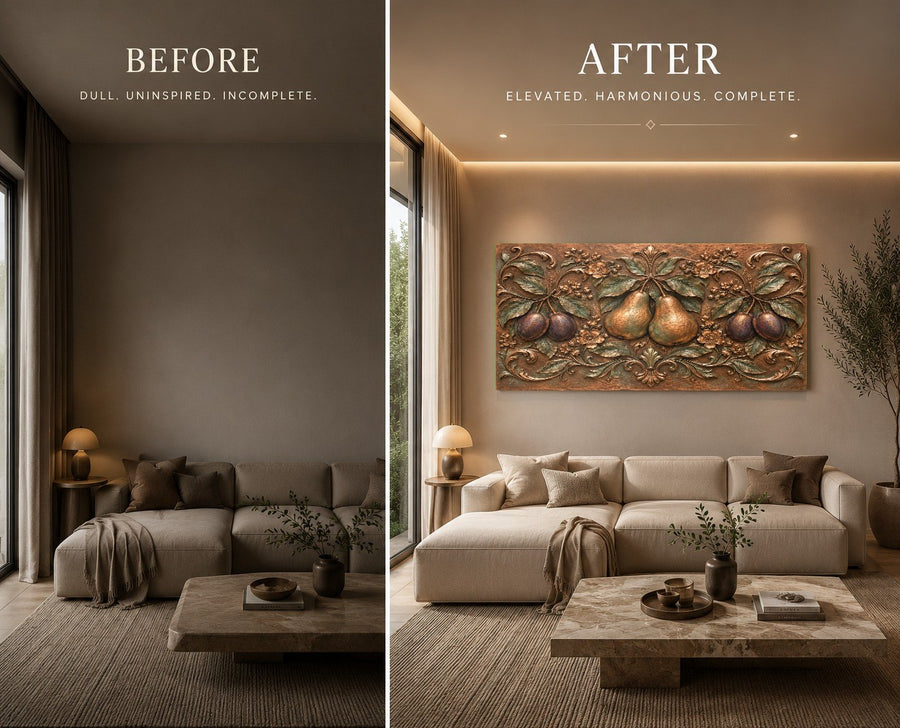 Large format Pear Plum glass wall decor featured on a neutral beige living room accent wall