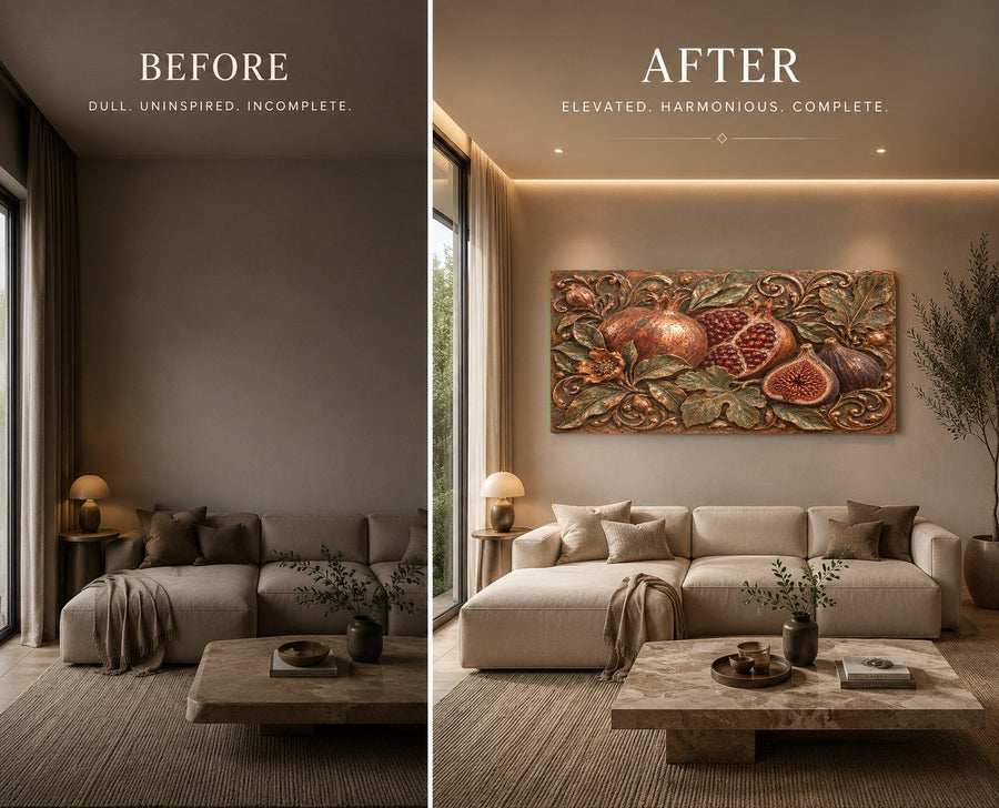 Large Pomegranate Fig glass art piece hanging on a neutral beige accent wall in a living room