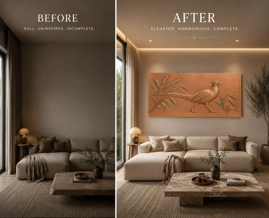 Pheasant bird art on tempered glass displayed in a luxury office interior