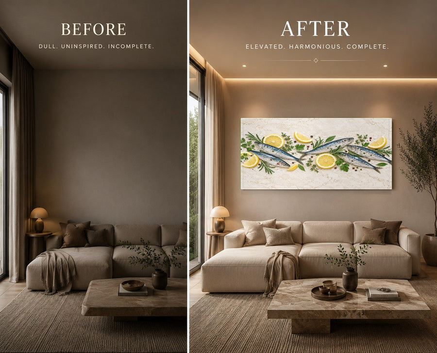 Sardine Lemon Wall Art displayed in a coastal themed breakfast nook