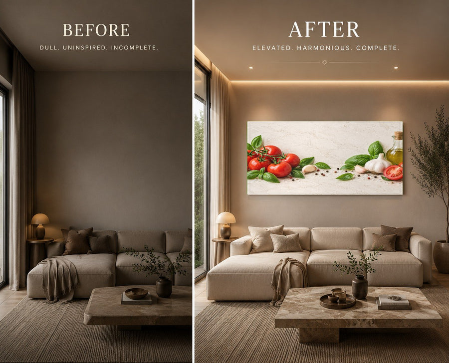 Botanical food glass wall decor featured in a bright breakfast nook setting