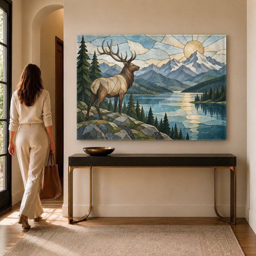 Elk River wildlife tempered glass wall art hanging in a modern executive office with wood accents