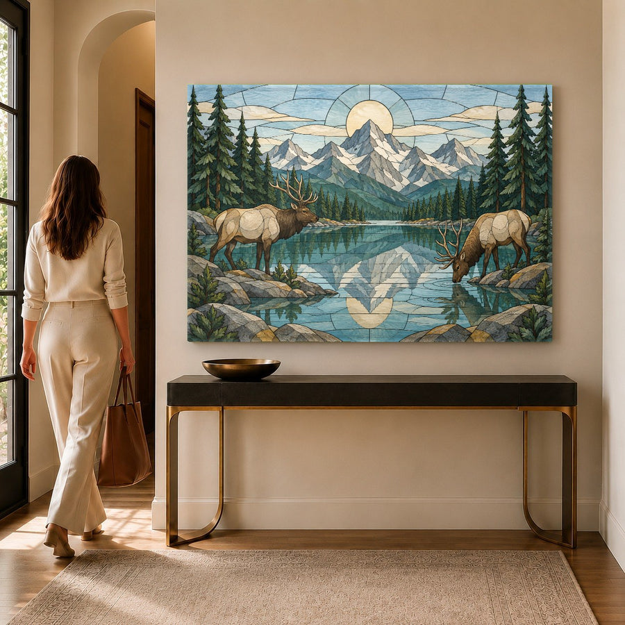 Sleek nature-inspired glass wall hanging depicting a river and elk in a bright, minimalist bedroom setting.