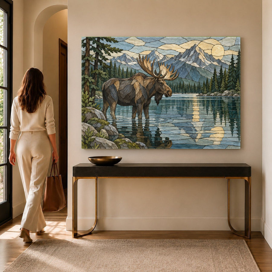 Nature glass wall art featuring a river and elk installed in a luxury executive home office