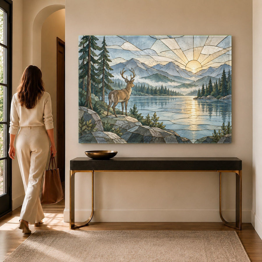 A modern lodge dining room featuring a large deer sunset glass print on a stone fireplace mantel.