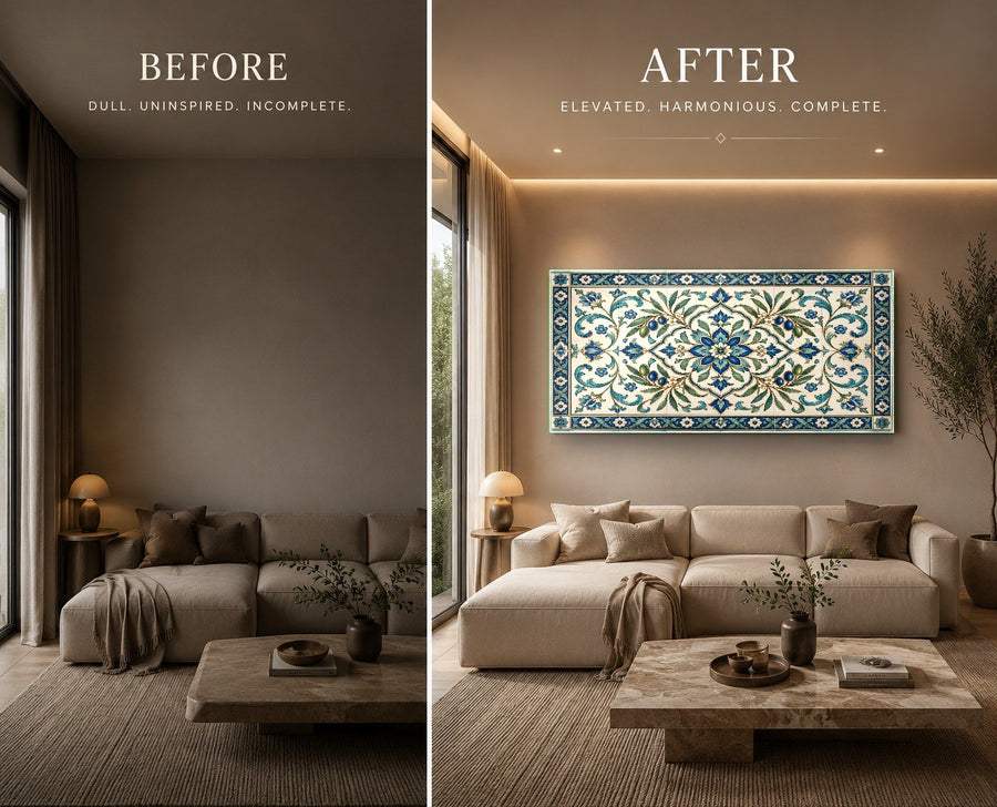 Rustic Harmony Tile art print hung in a modern minimalist bathroom, reflecting soft natural light.