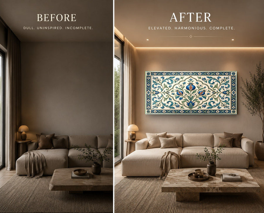 Large format forest landscape glass wall art in a contemporary executive office