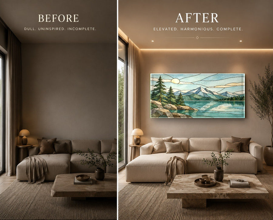 Large landscape glass art showcased in a contemporary dining room