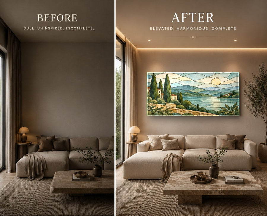 Stained Sunrise modern glass art displayed in a brightly lit minimalist dining room