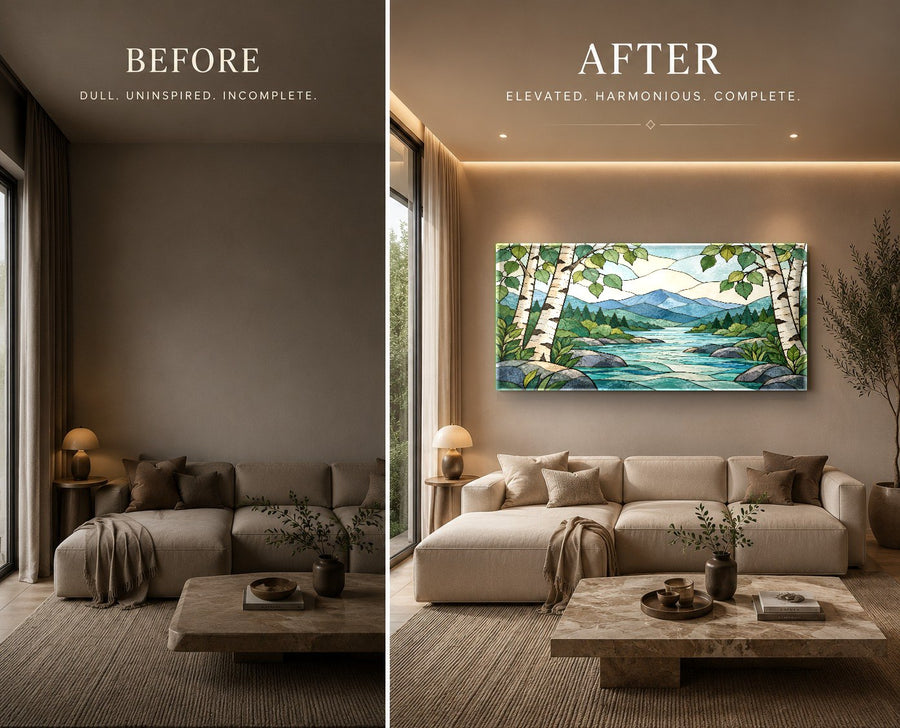 Large format mountain landscape glass art featured in a luxury hotel lobby