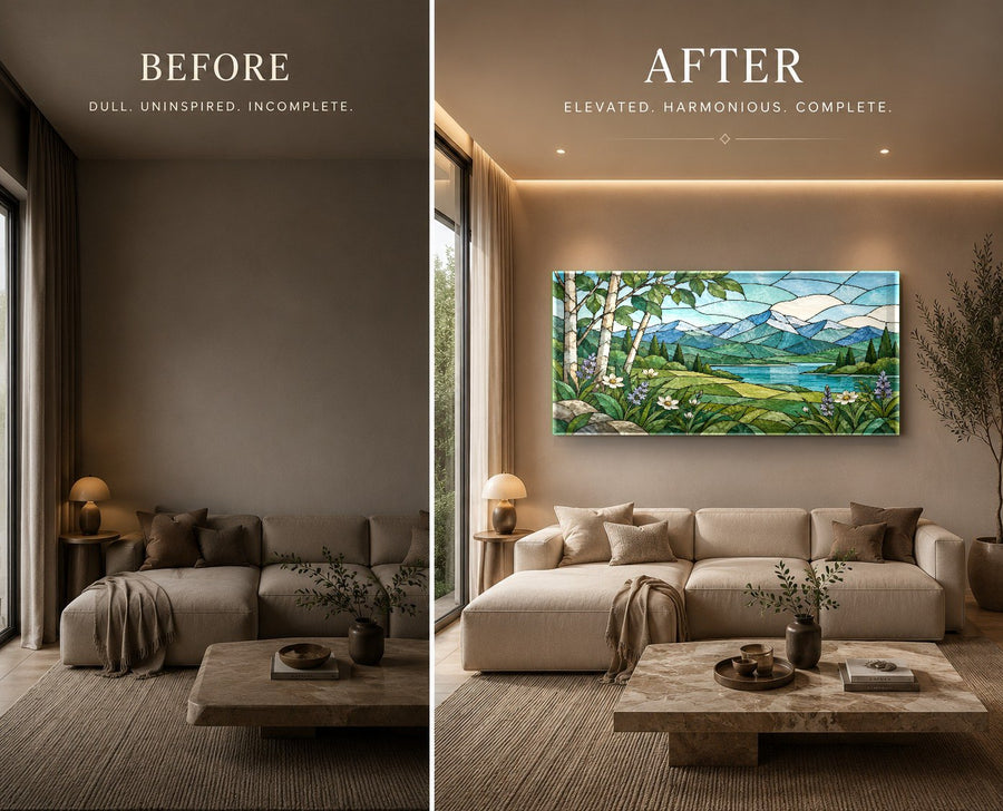 Vibrant floral glass art featured on an accent wall in a luxury hotel lobby interior