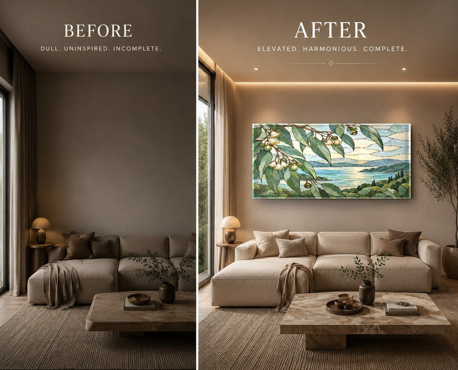 Luxury glass wall decor featuring stained leaves in a chic modern home office