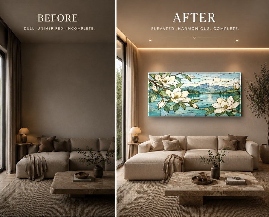 Tempered glass floral wall art mounted in a chic contemporary dining room setting