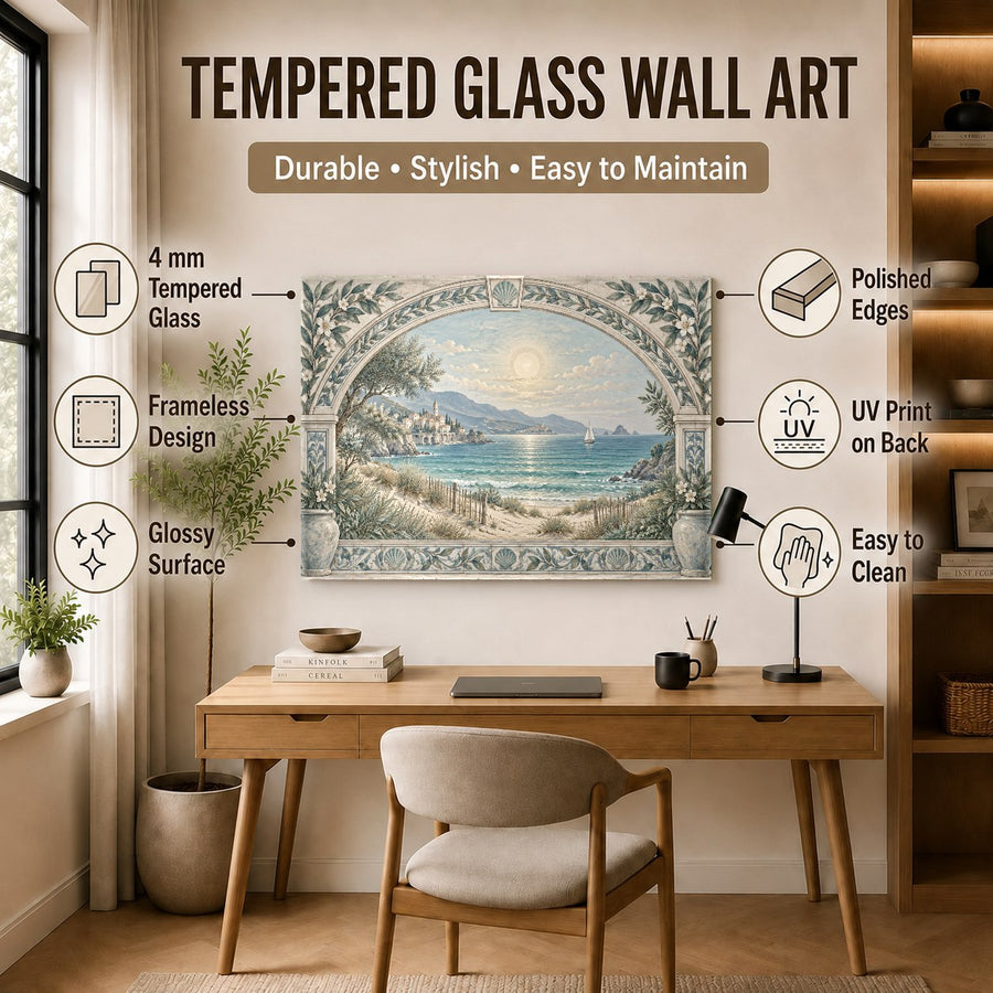 Vibrant blue ocean view glass wall hanging displayed over a king-sized bed with ocean breeze aesthetic.