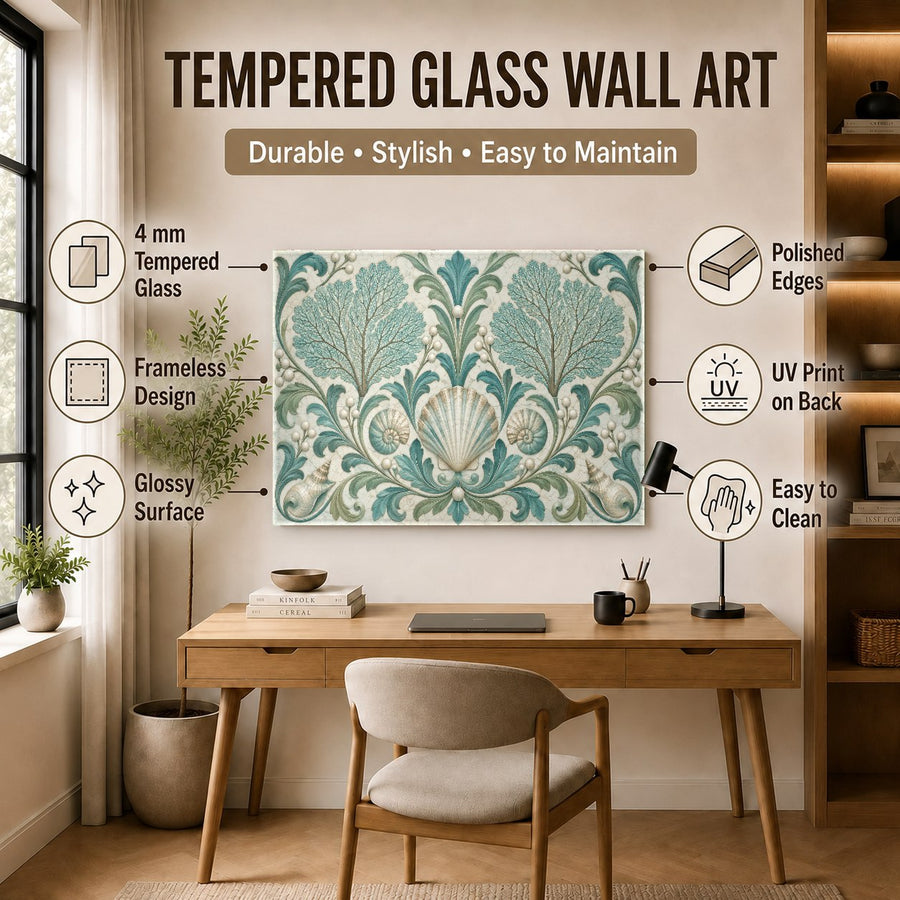 Coral Pearl glass wall decor adds a serene vibe to a minimalist white office overlooking the ocean.