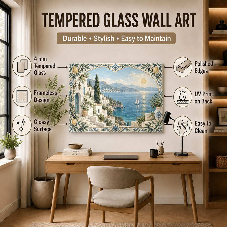 Mediterranean balcony art on glass showcased in a modern hotel lobby interior