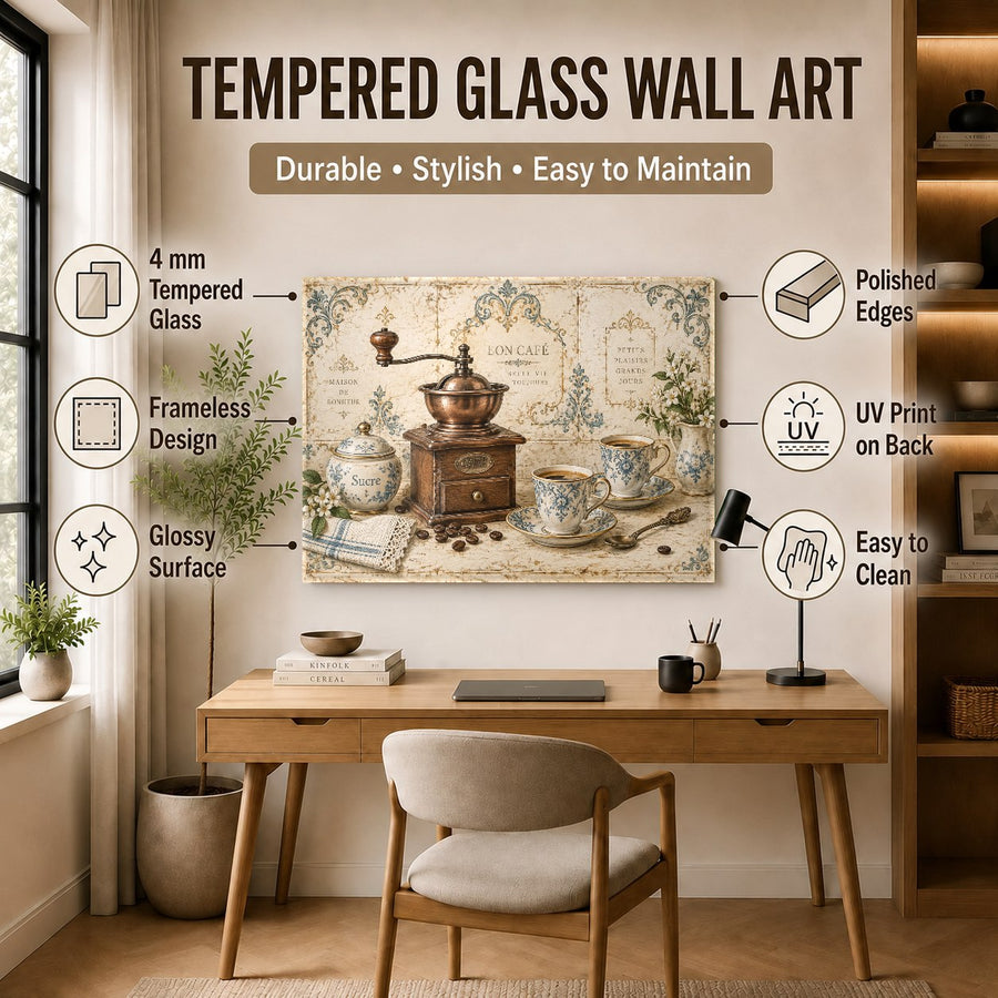 Detailed close-up of a rustic coffee grinder print on tempered glass displaying its reflective high-gloss finish.