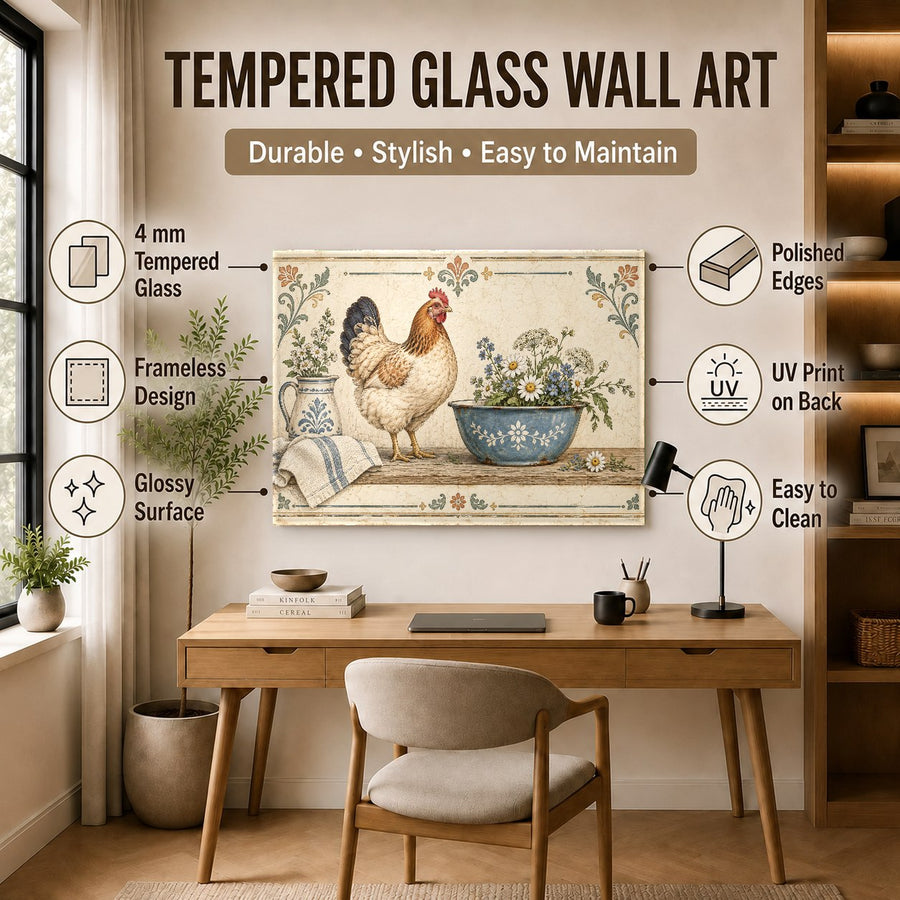 Country style kitchen interior featuring the Farmhouse Hen Glass Wall Art on a white wall
