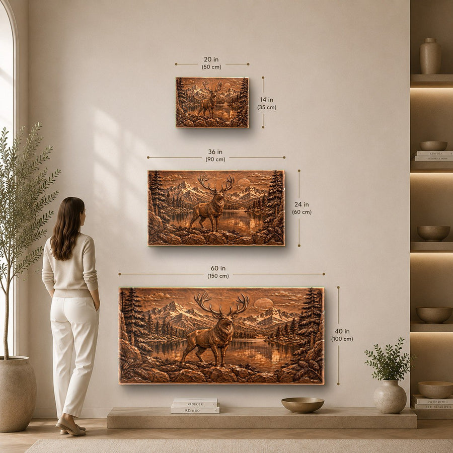 Large Copper Stag Glass Wall Art styled in a warm minimalist bedroom interior